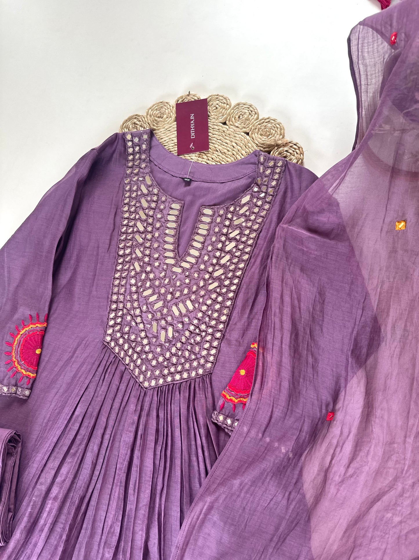 K052 - Pure Mul Chanderi mirror work  Anarkali with pants and dupatta.