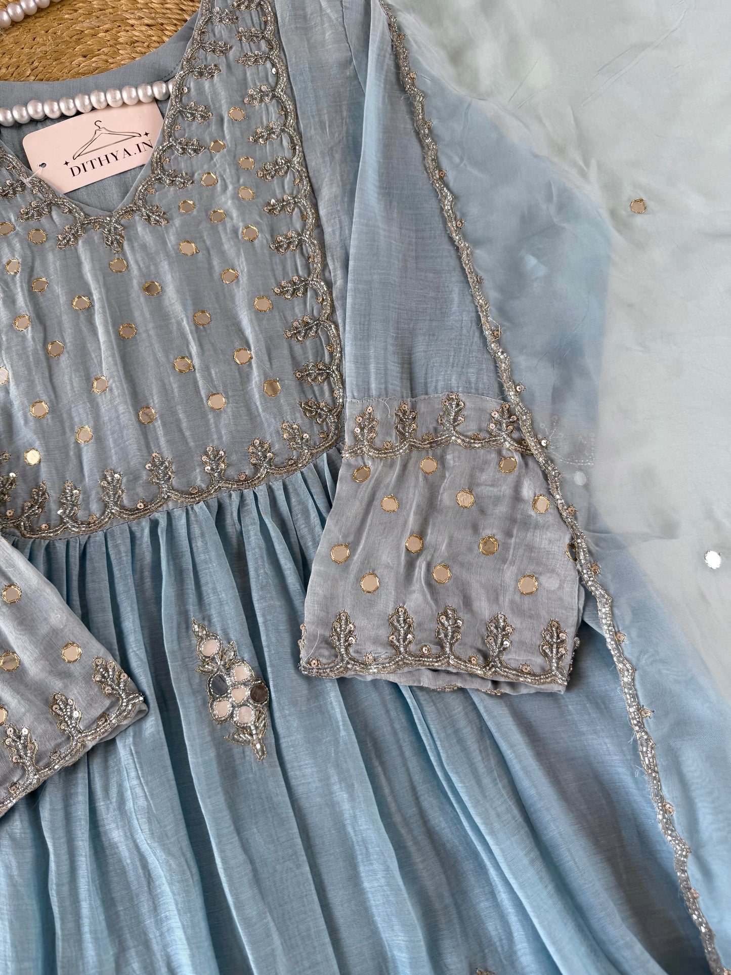 K642 - Mul chanderi mirror work Anarkali with pants and dupatta