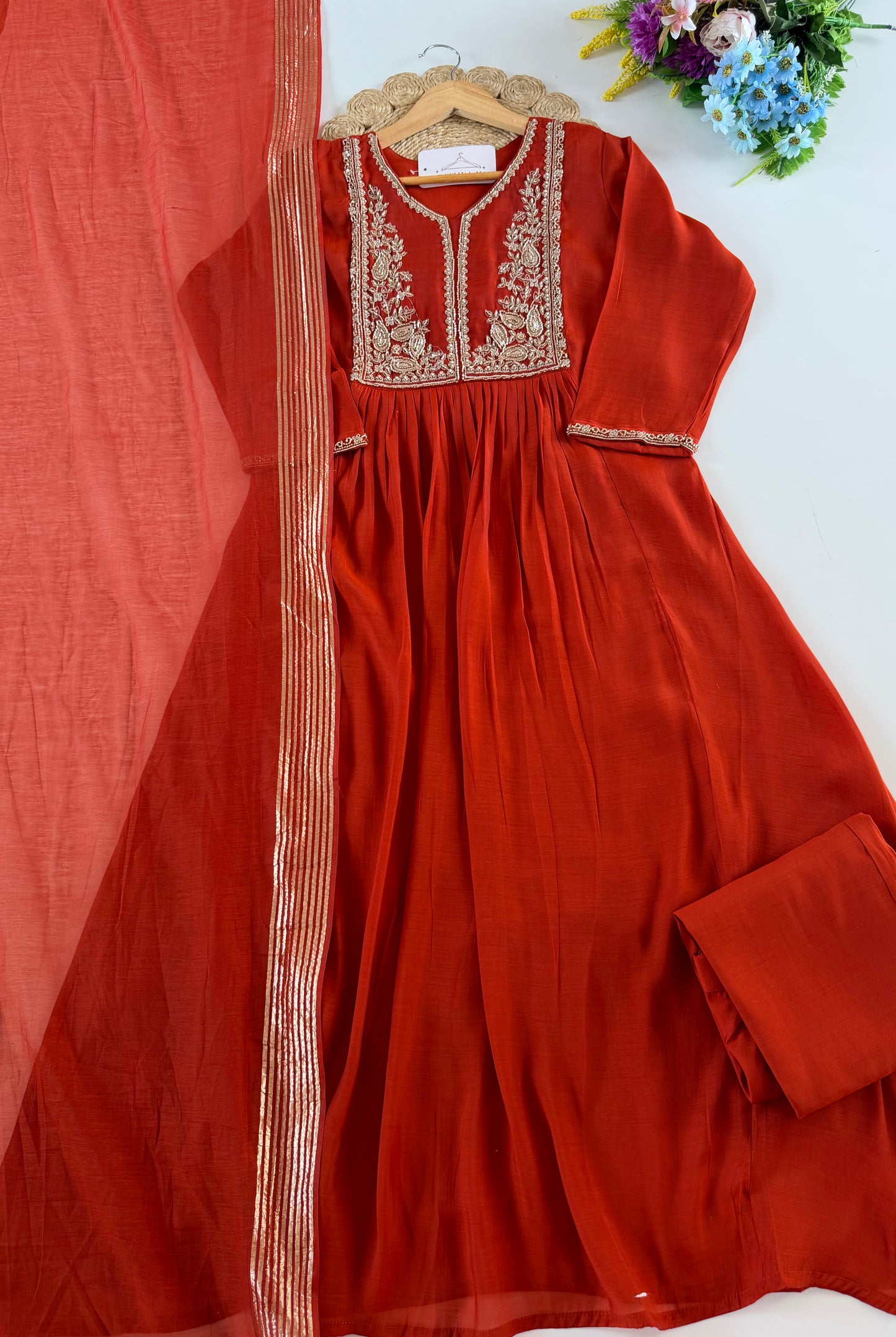 K634 - Muslin silk embroidered Anarkali with pants and dupatta