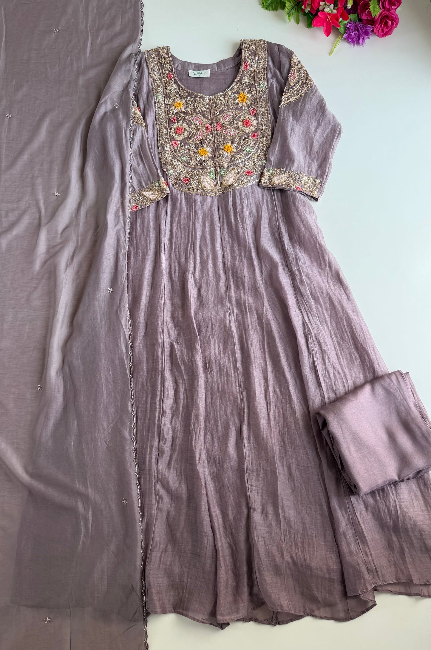 K424 - Mul chanderi heavy handwork Anarkali with pants and dupatta in 2 colours