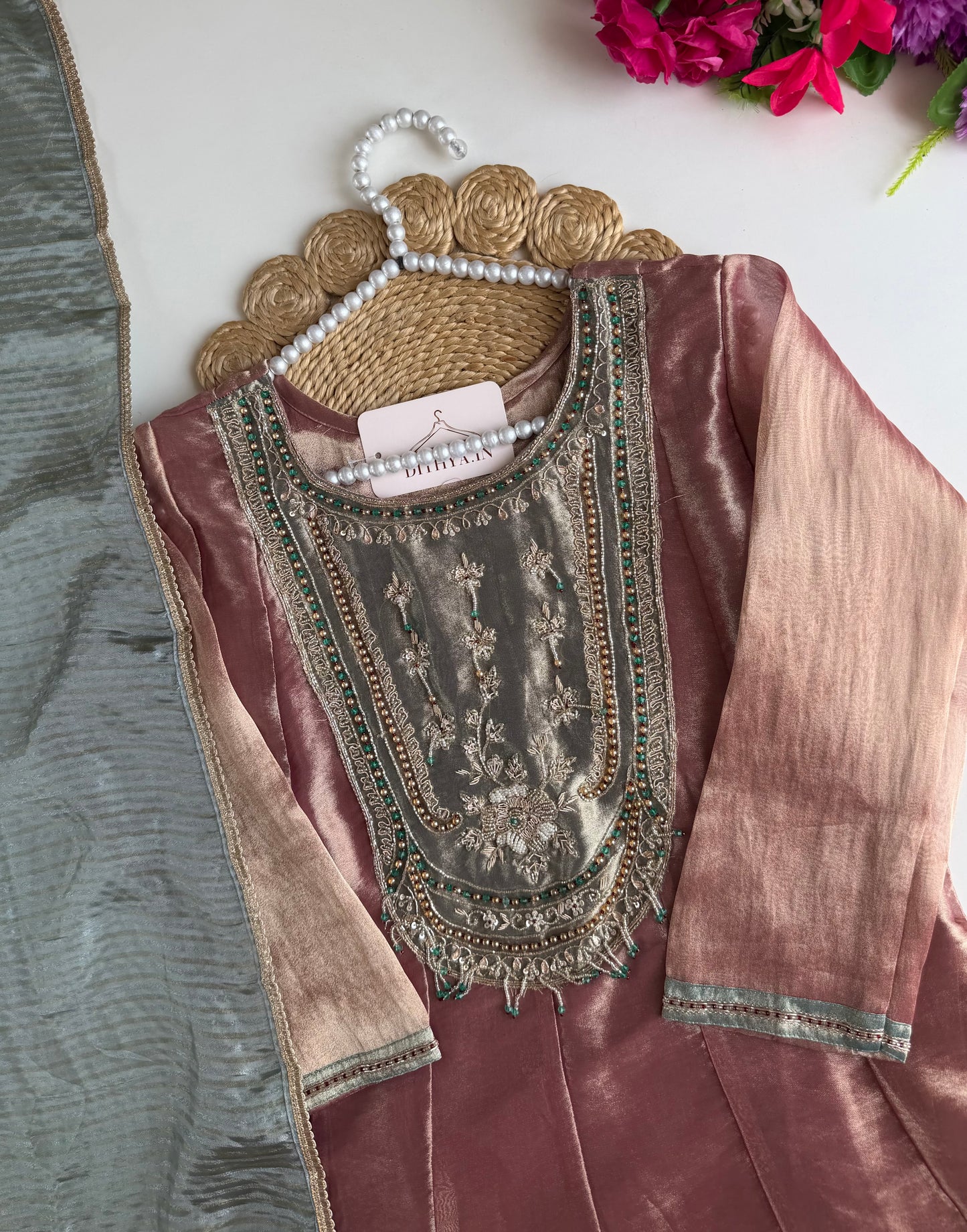 K470 - Tissue silk handwork Anarkali with pants and dupatta