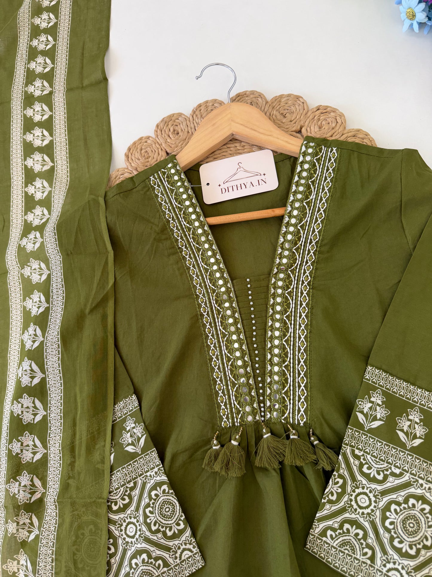 K259 - Mul cotton embroidered Aline Kurti with pants and dupatta