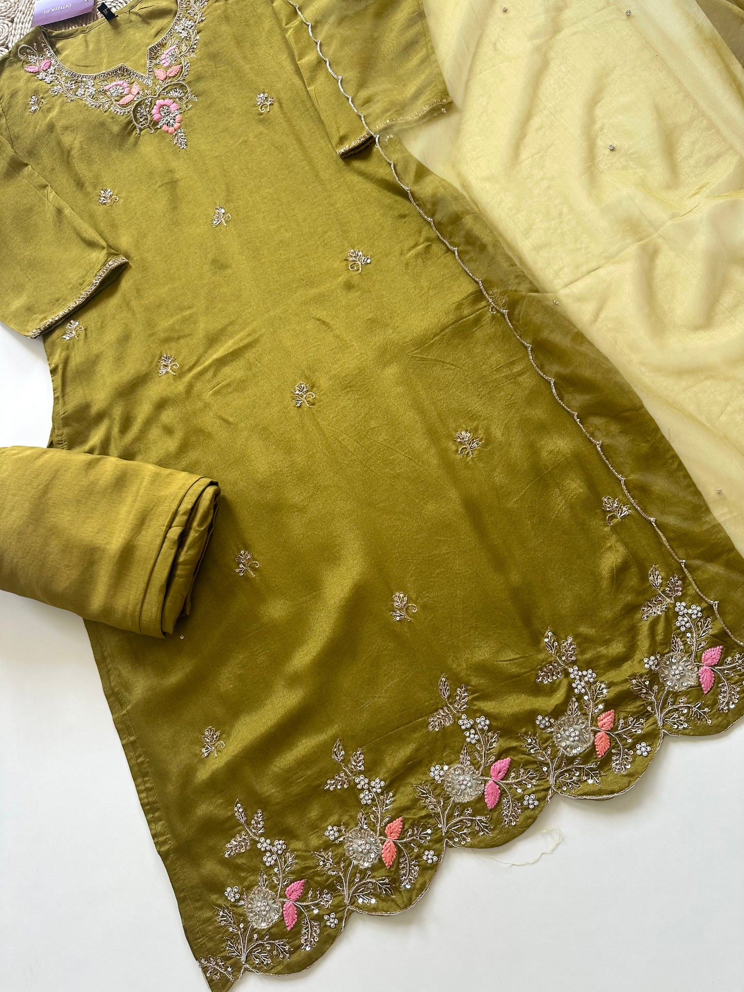 K087 - Russian silk handwork straight kurti with pants and organza dupatta .