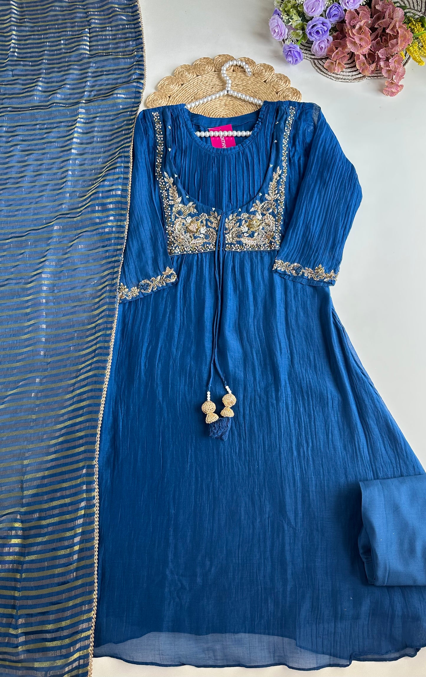 K102 - Mul Chanderi handwork Aline Kurti with pants and dupatta in 2 colours