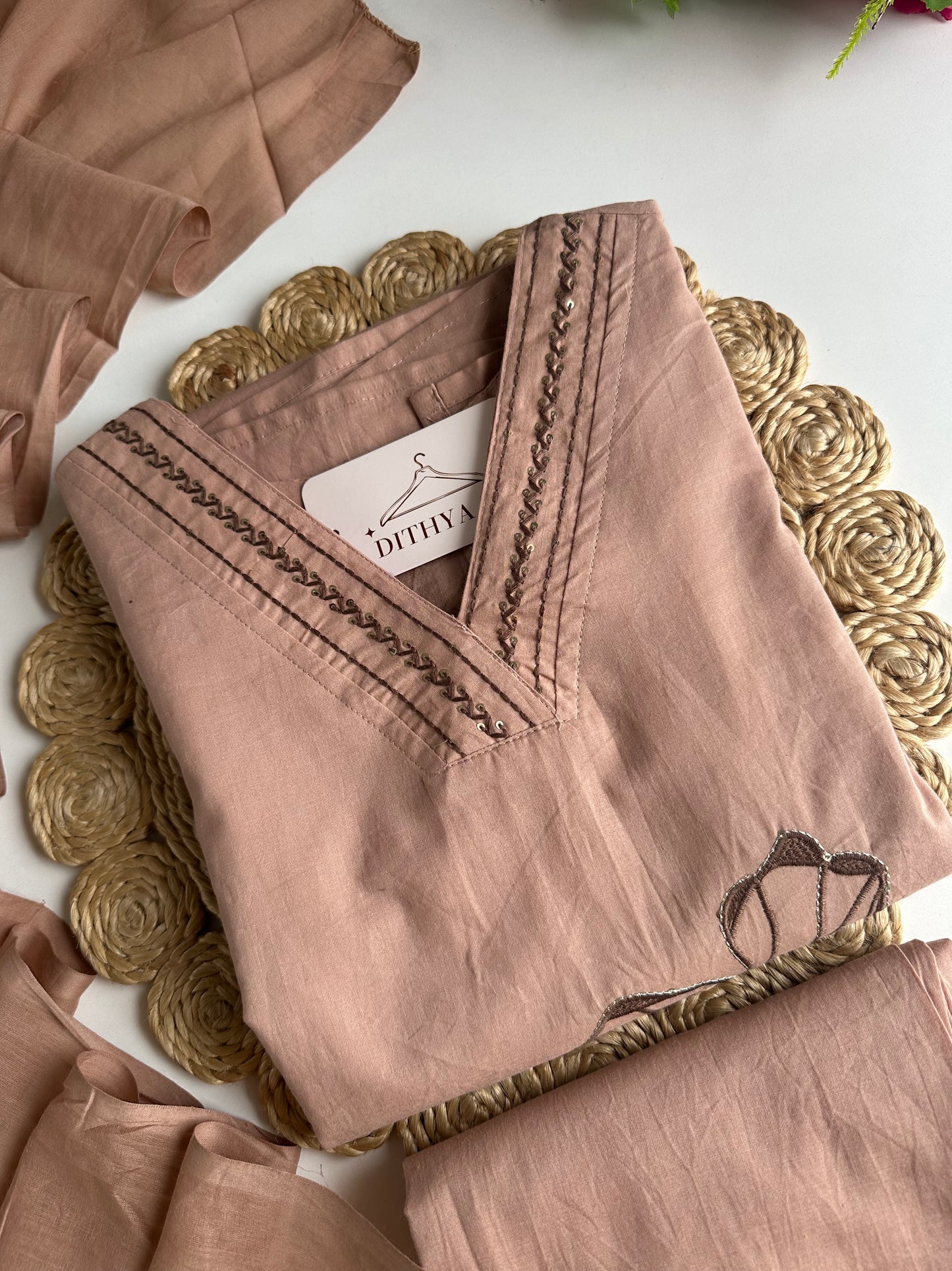 K184 - Mul cotton embroidered straight Kurti with pants and dupatta