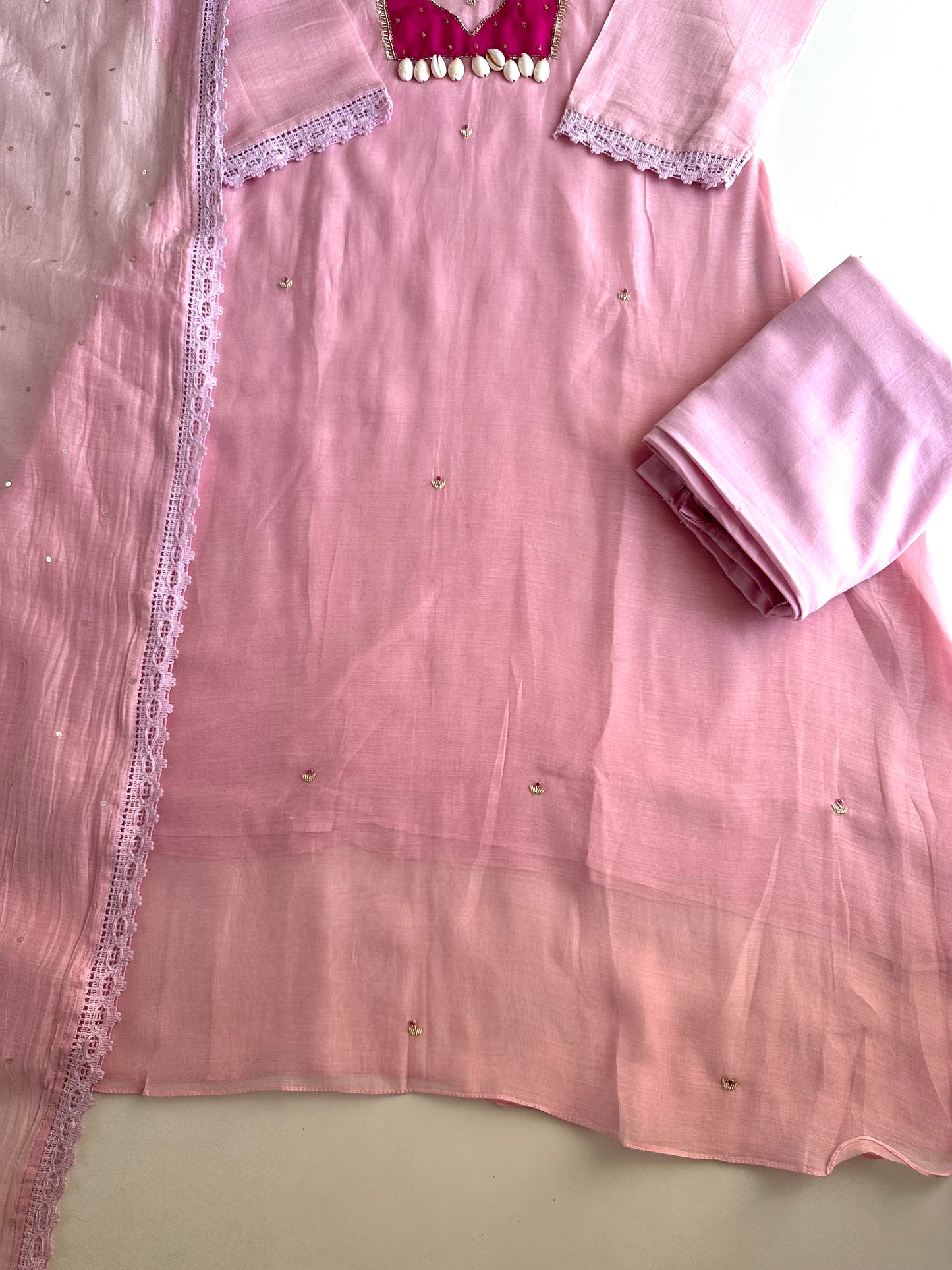 K297 - Mul Chanderi Aline handwork Kurti with pants and dupatta