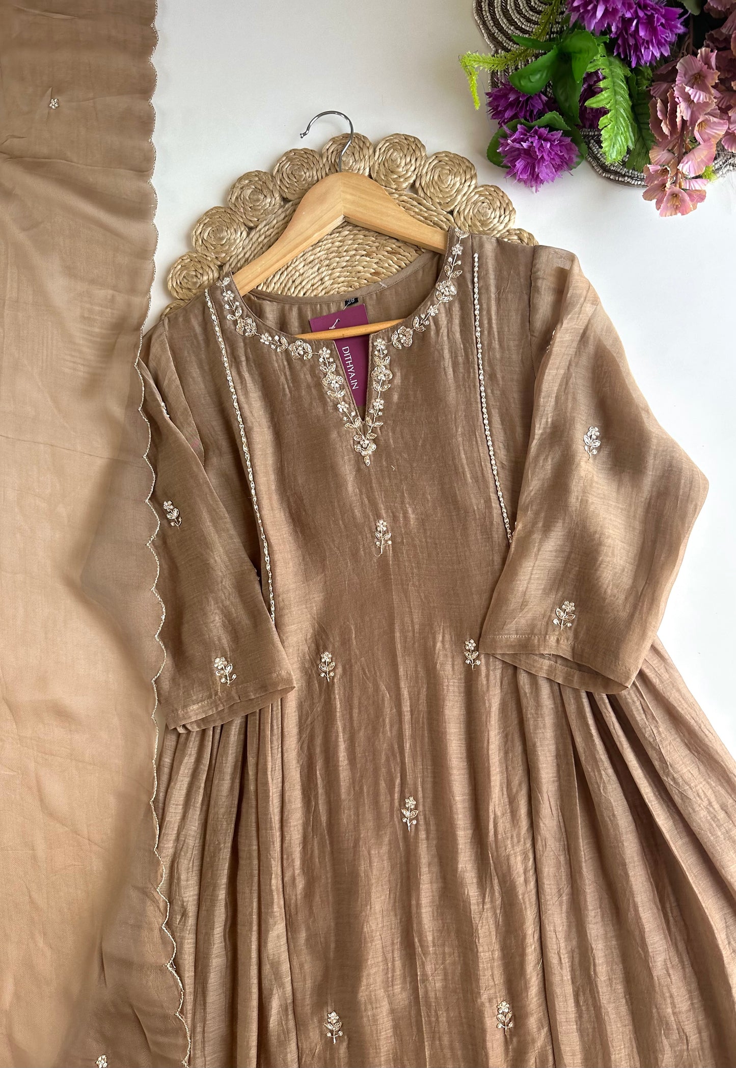 K160 - Mul Chanderi handwork Aline Kurti with pants and dupatta
