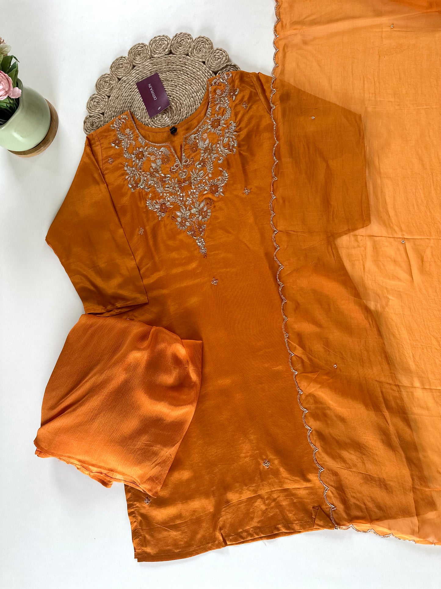 K051 - Russian silk handwork short kurti with sharara and dupatta .