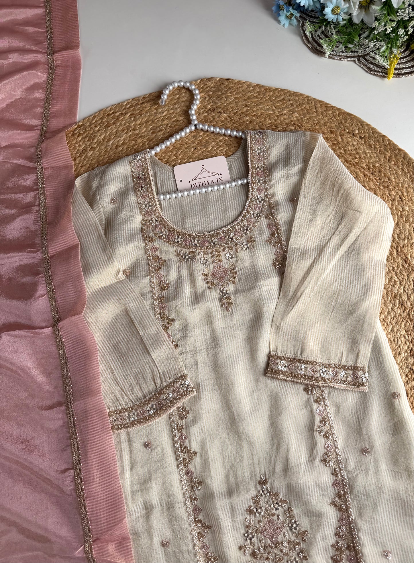 K172 - Tissue silk Handwork straight Kurti with pants and dupatta