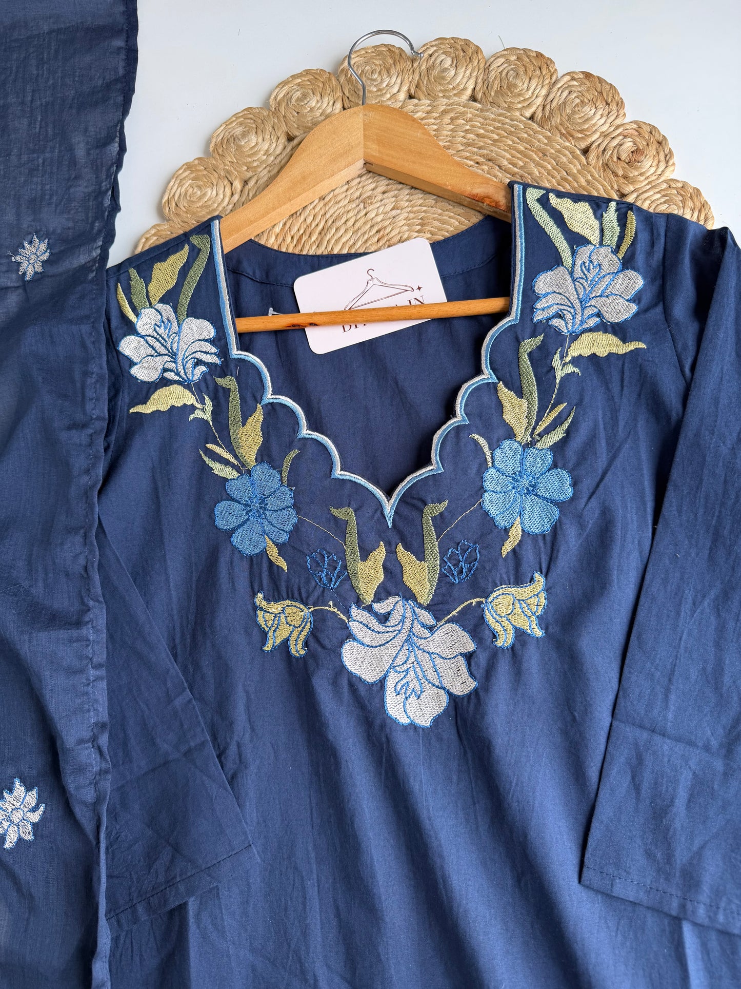 K687 - Mul cotton embroidered straight Kurti with pants and dupatta