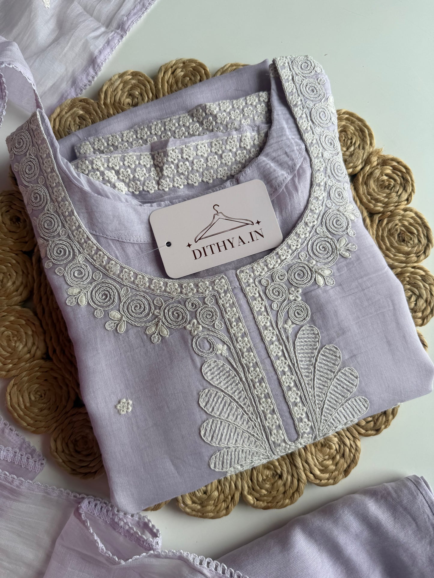 K419 - Mul chanderi embroidered straight Kurti with pants and dupatta