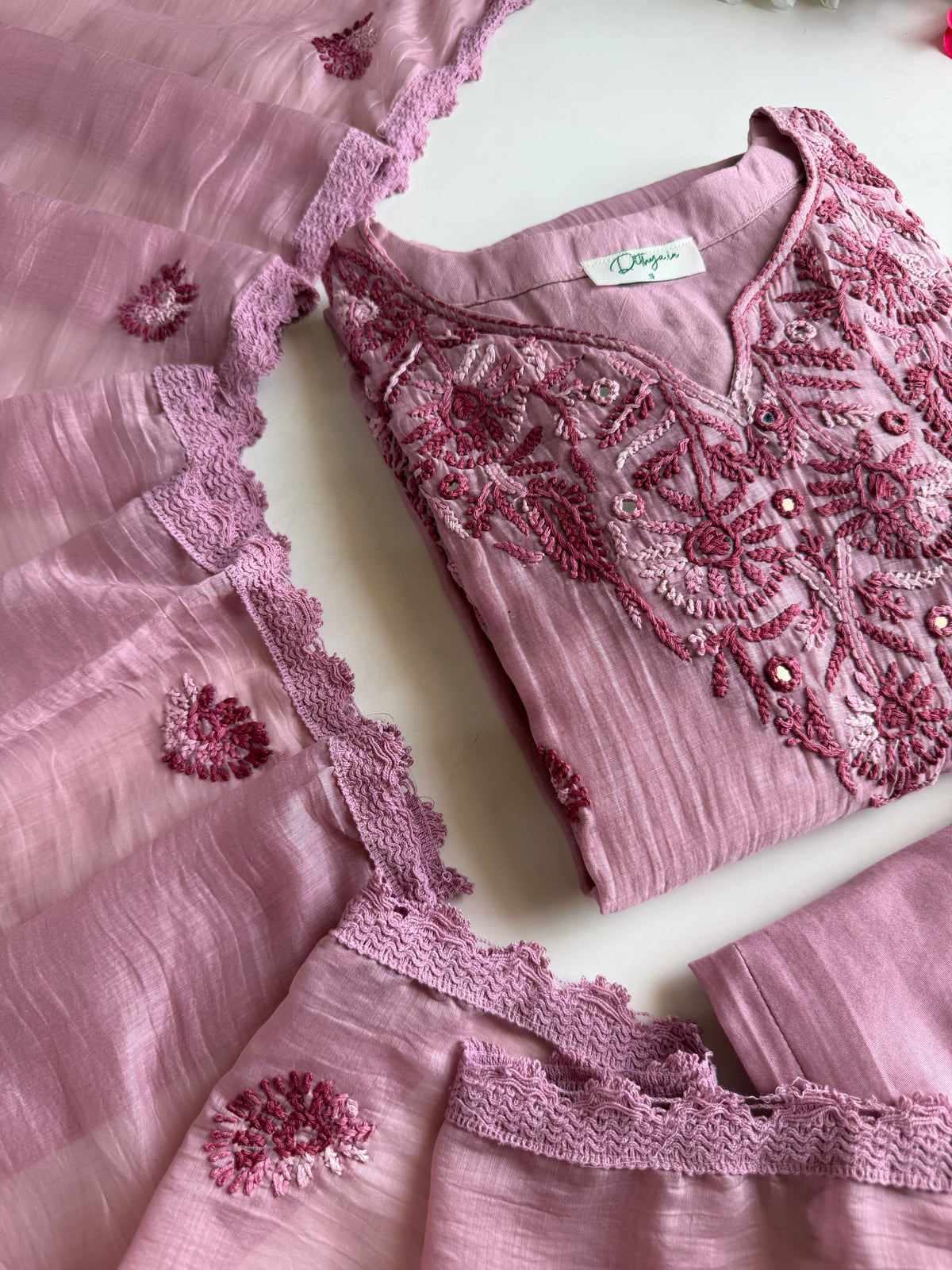 K614 - Mul chanderi embroidered Aline Kurti with pants and dupatta