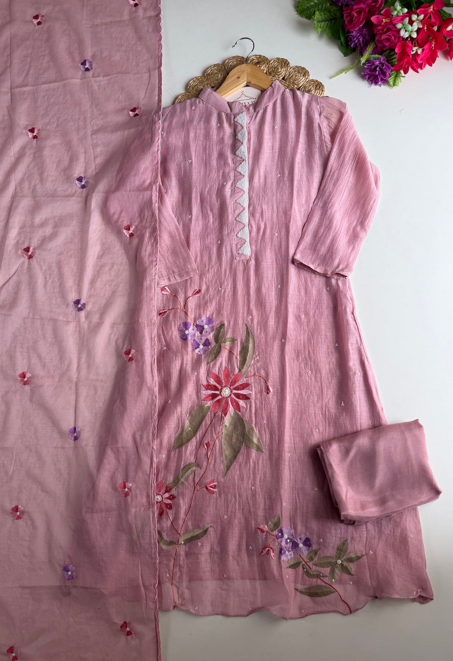 K004 - Mul chanderi handwork aline Kurti with pants and dupatta