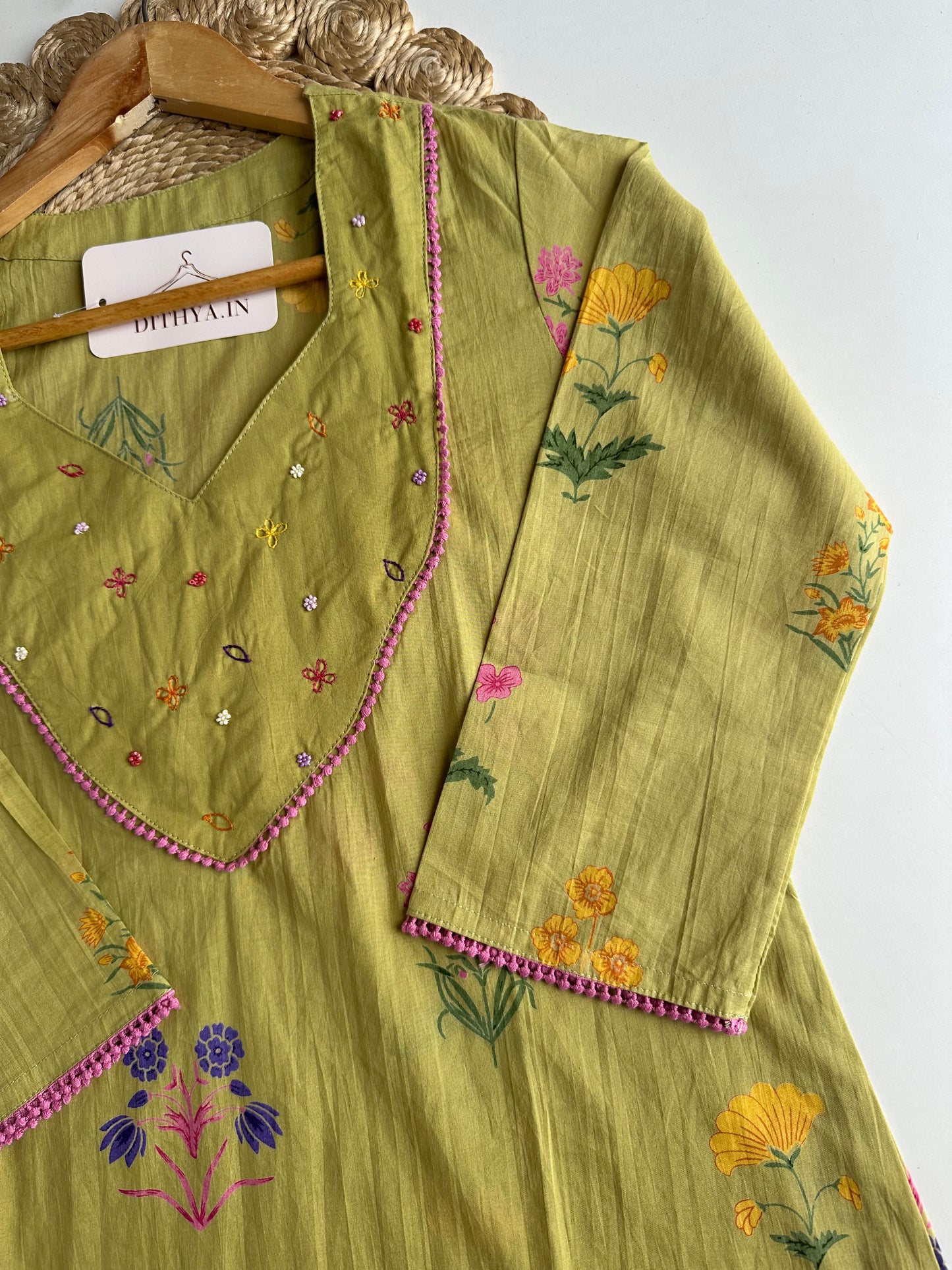 K270 - Mul cotton embroidered straight Kurti with pants and dupatta