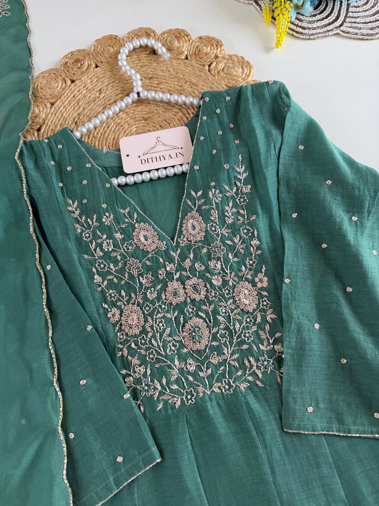 K540 - Mul chanderi handwork Anarkali with pants and dupatta