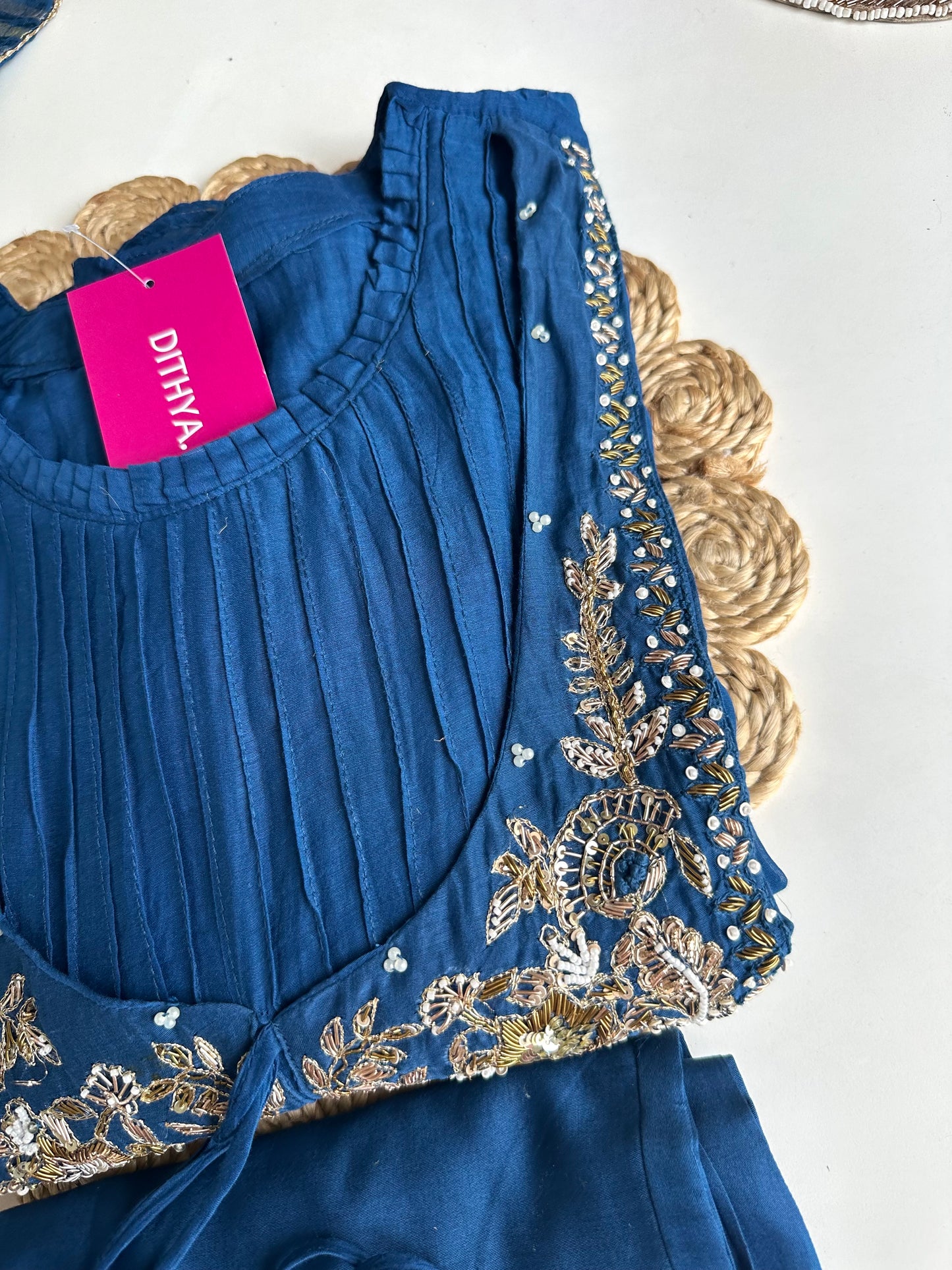 K102 - Mul Chanderi handwork Aline Kurti with pants and dupatta in 2 colours