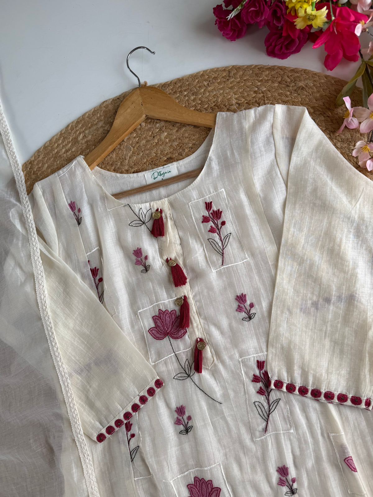 K303 - Mul chanderi embroidered Aline Kurti with pants and dupatta