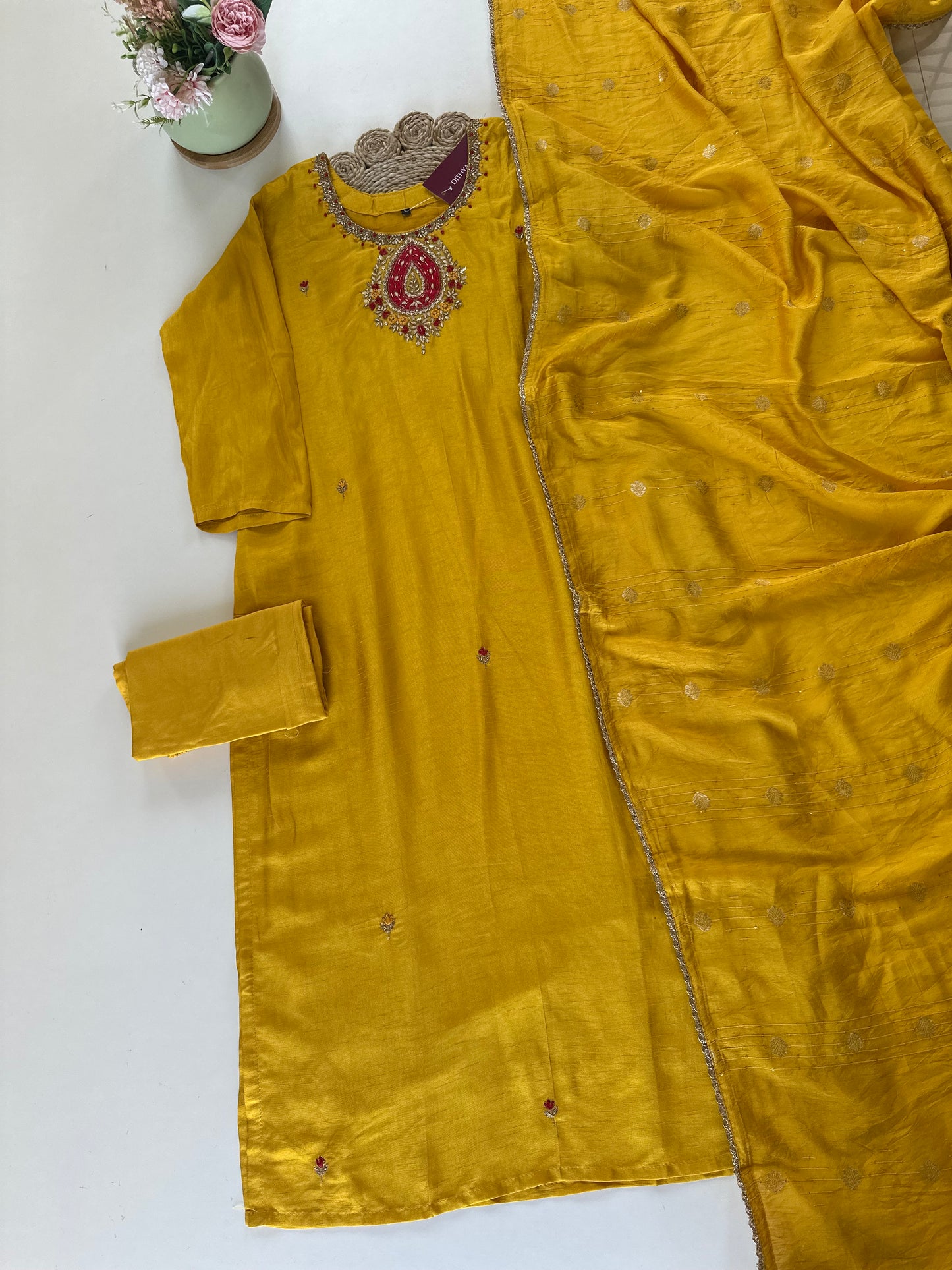 K177 - Dola silk handwork straight kurti with pants and dupatta in 2 colours .