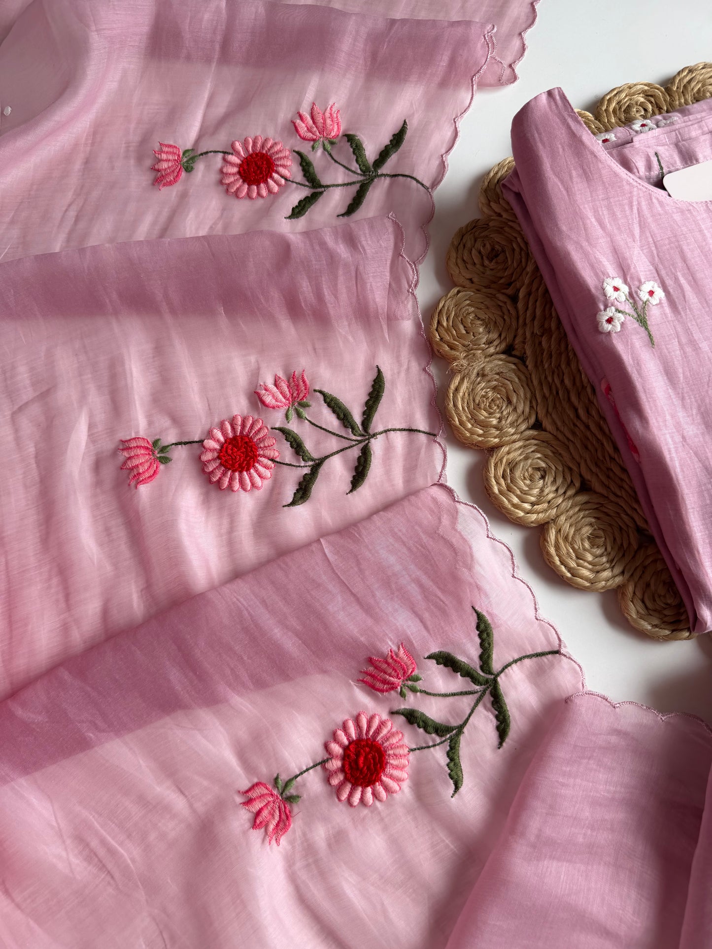 K632 - Mul Chanderi 3D appliqué work straight Kurti with pants and dupatta