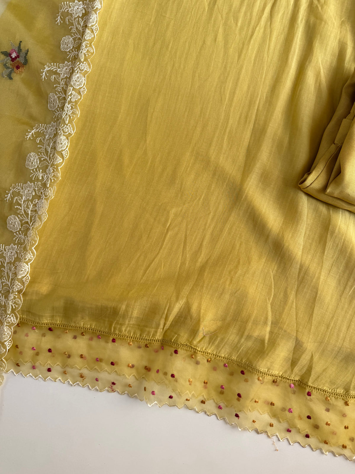 K602 - Mul chanderi embroidered net lace work Aline Kurti with pants and dupatta
