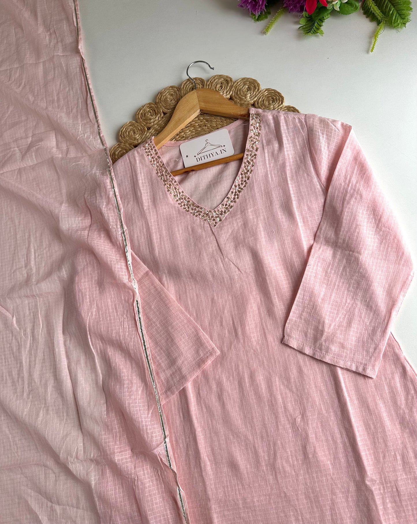 K697 - Kota doriya embroidered straight Kurti with pants and dupatta