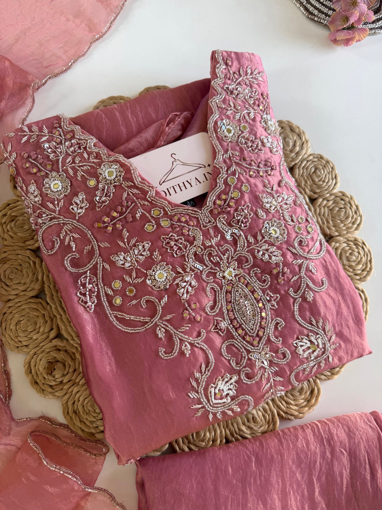 K599 -Glass tissue silk handwork aline Kurti with pants and dupatta