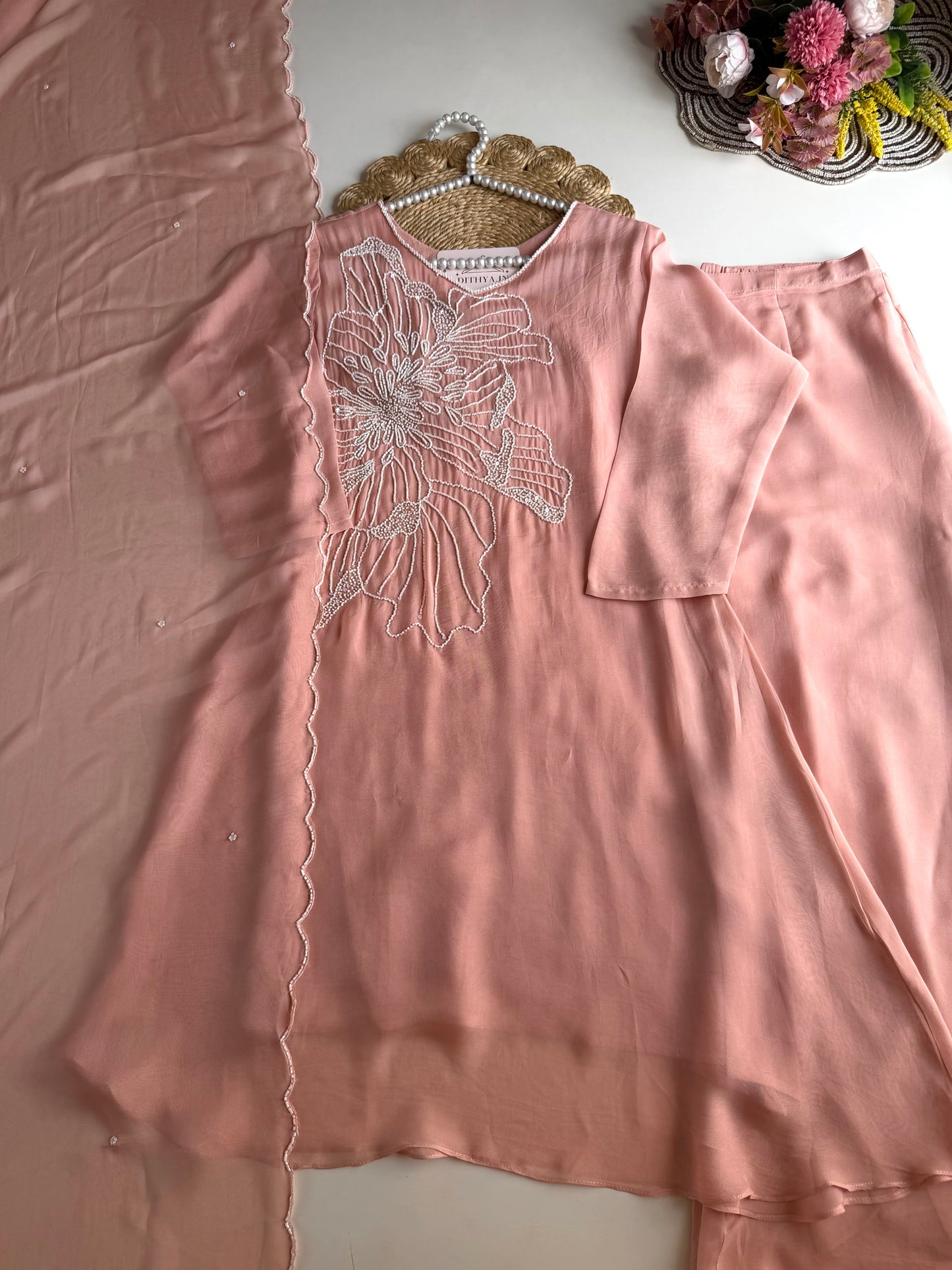 K525 - Pure Crape handwork Kurti with divider pants and dupatta