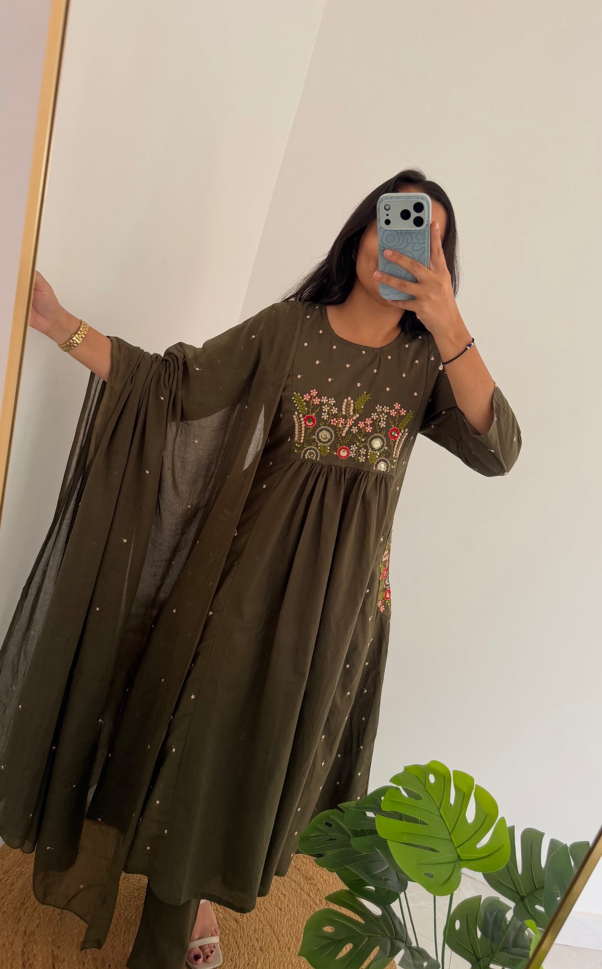 K100 - Mul cotton embroidered Anarkali with pants and dupatta