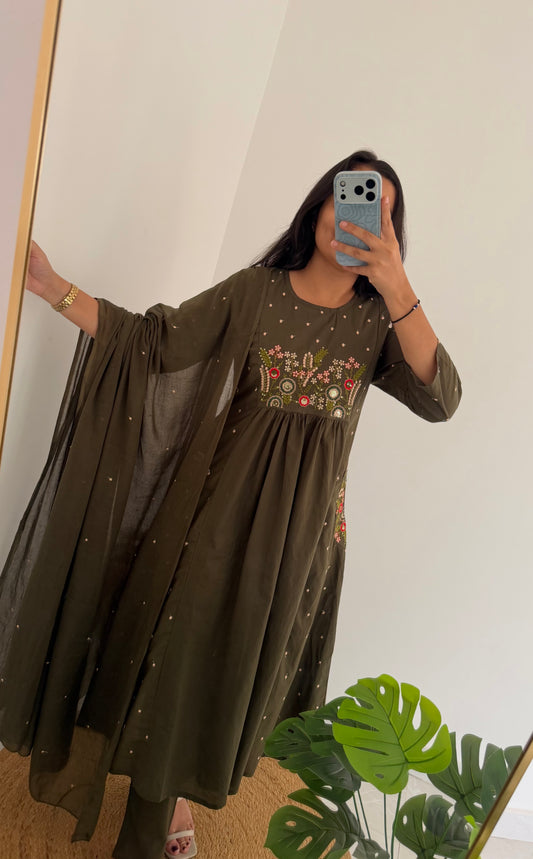 K100 - Mul cotton embroidered Anarkali with pants and dupatta