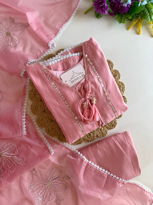 K537 - Mul chanderi mirror work Anarkali with pants and dupatta