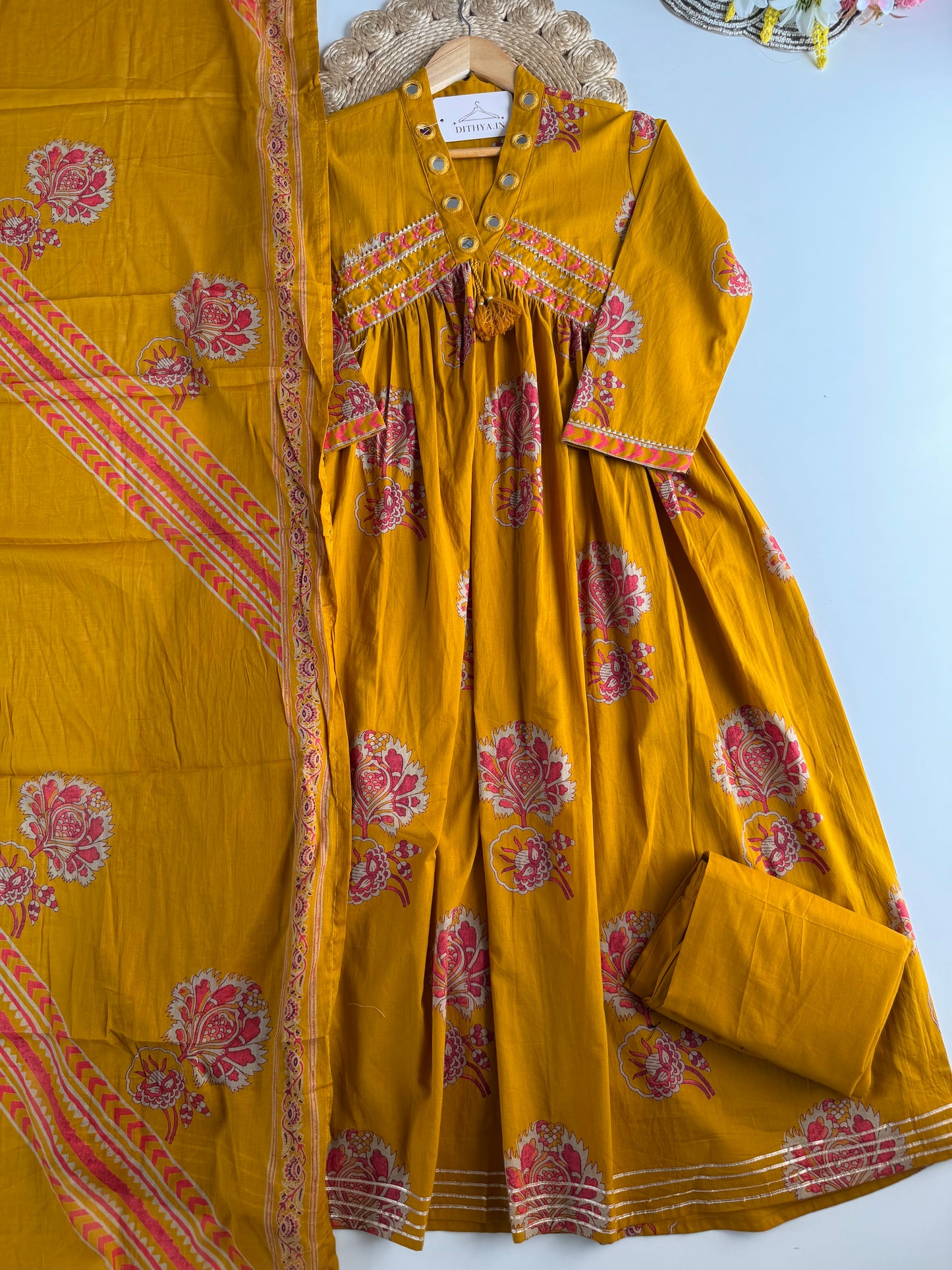 K443 - Mul cotton printed Anarkali with pants and dupatta