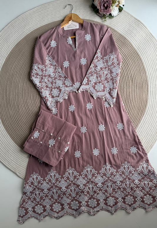 K718 - Cotton embroidered Aline Kurti with pants in 3 colours