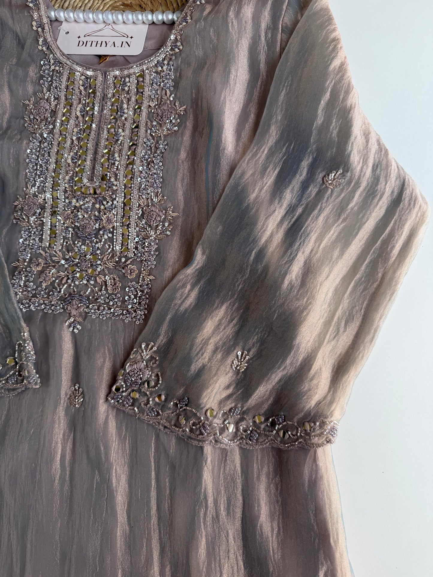 K437 - Glass tissue silk handwork aline Kurti with pants and dupatta
