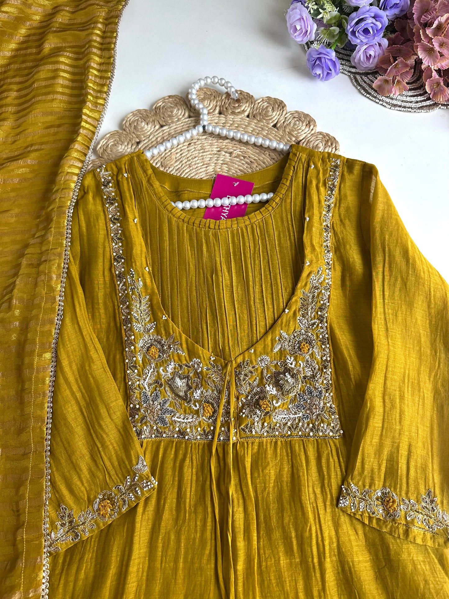 K102 - Mul Chanderi handwork Aline Kurti with pants and dupatta in 2 colours