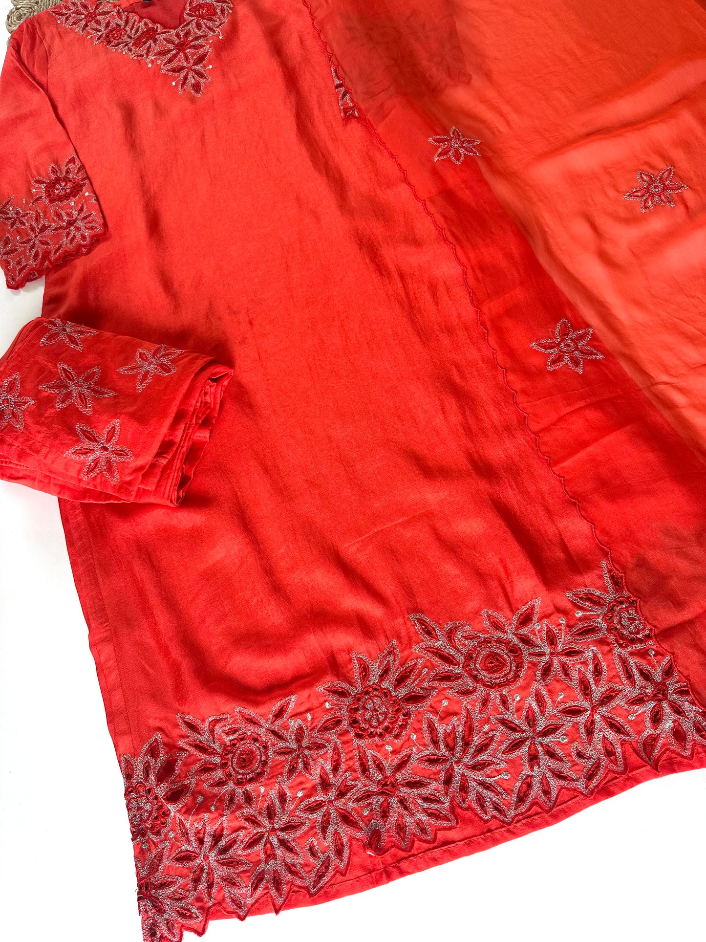 K191 - Russian silk cutwork straight kurti with pants and organza dupatta.