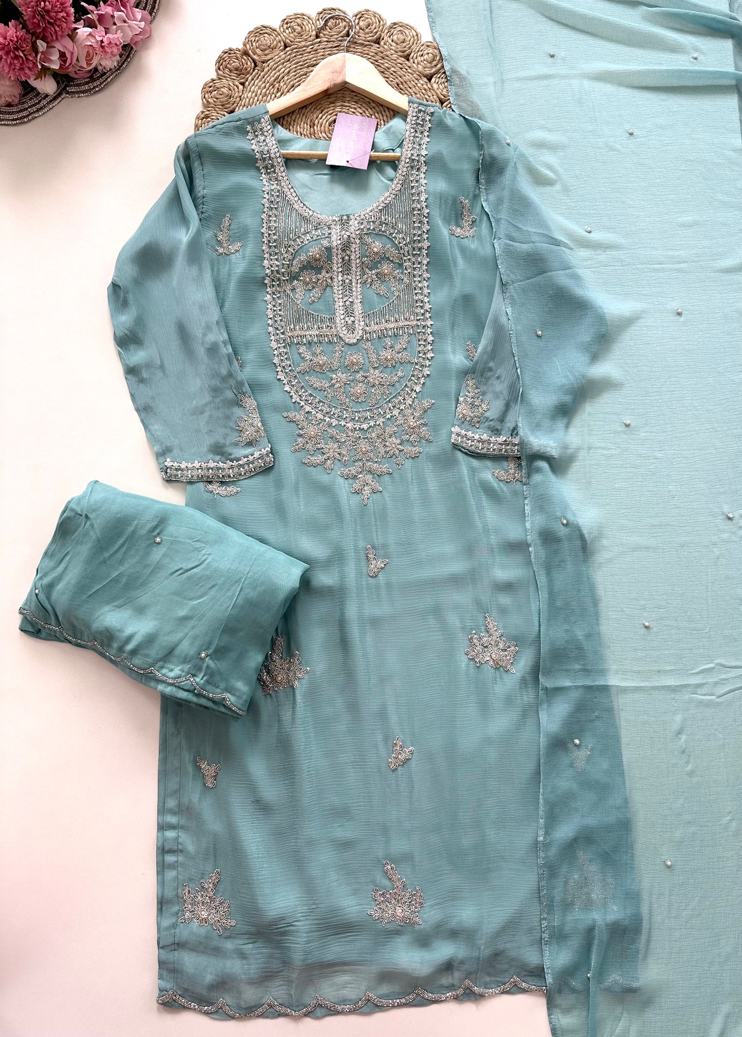 K165 - Chinnon heavy handwork short Kurti with palazzo and dupatta