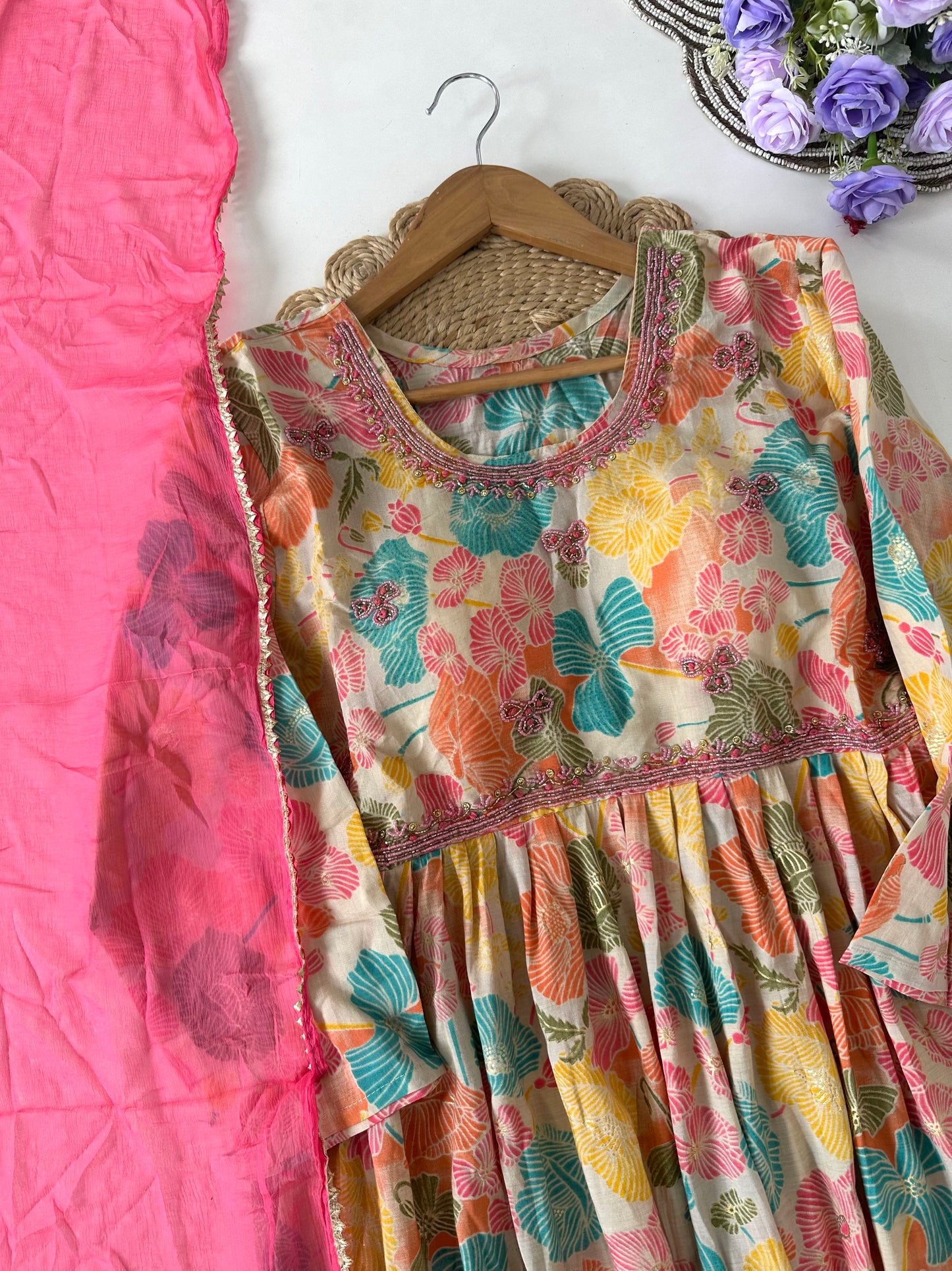 D050 -Muslin silk Anarkali with pants and dupatta