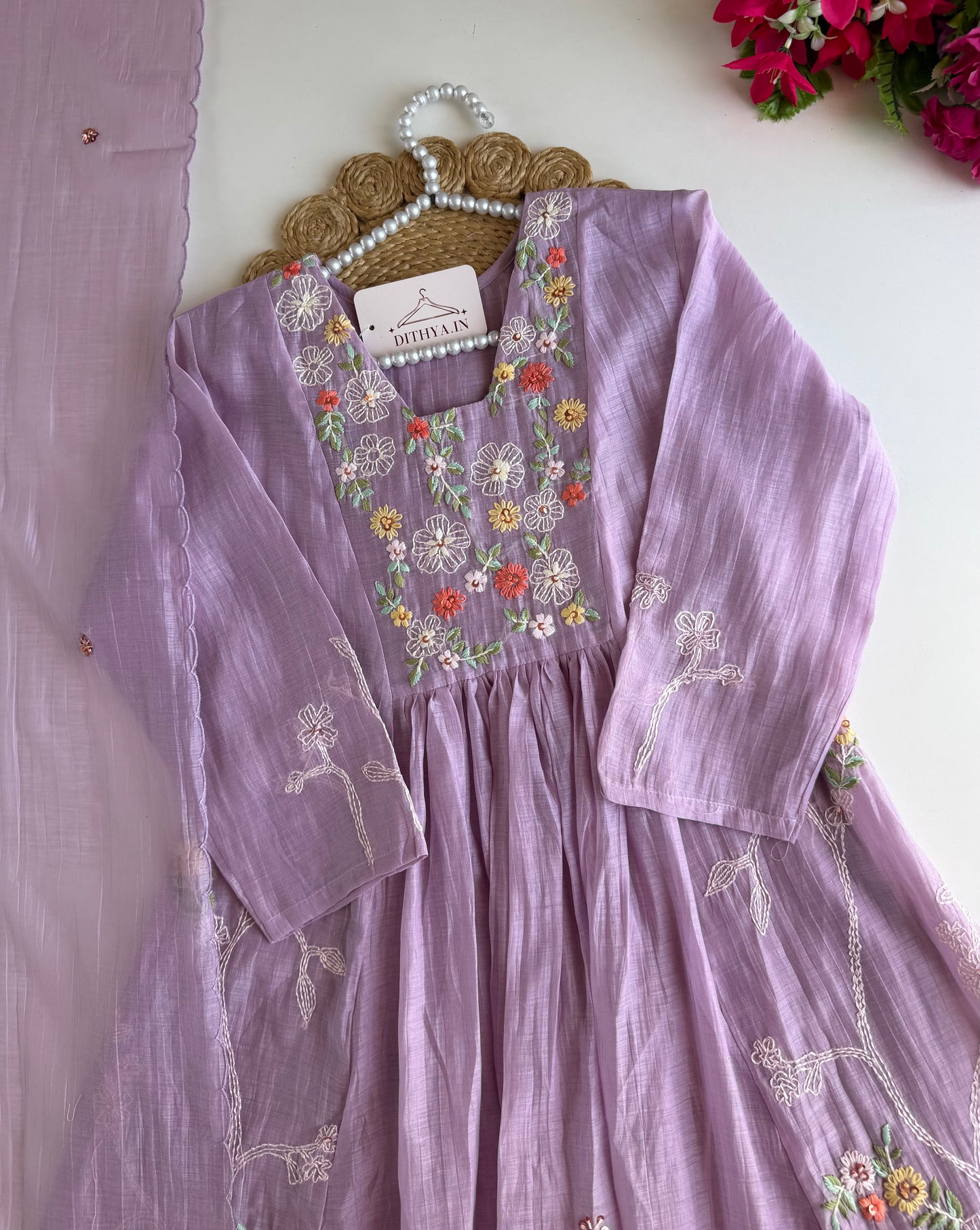 K336 - Mul chanderi embroidered Anarkali with pants and dupatta