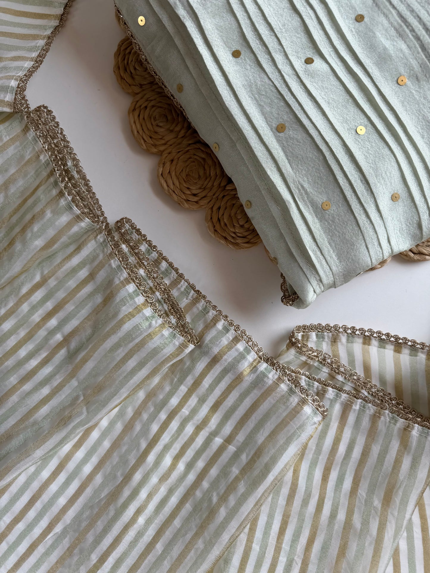 K700 - Tissue silk handwork aline Kurti with pants and dupatta