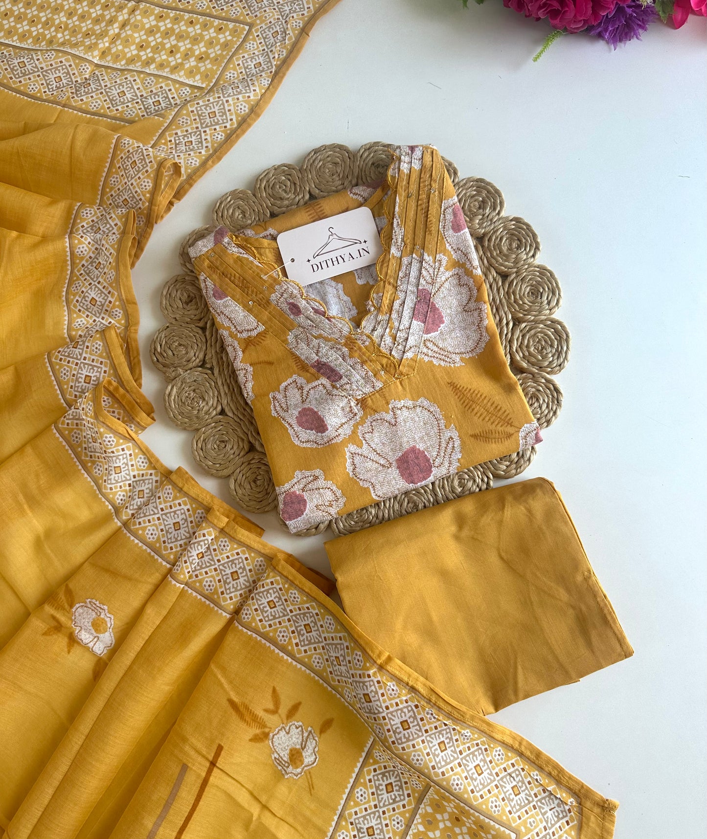 K221 - Mul cotton printed straight Kurti with pants and dupatta