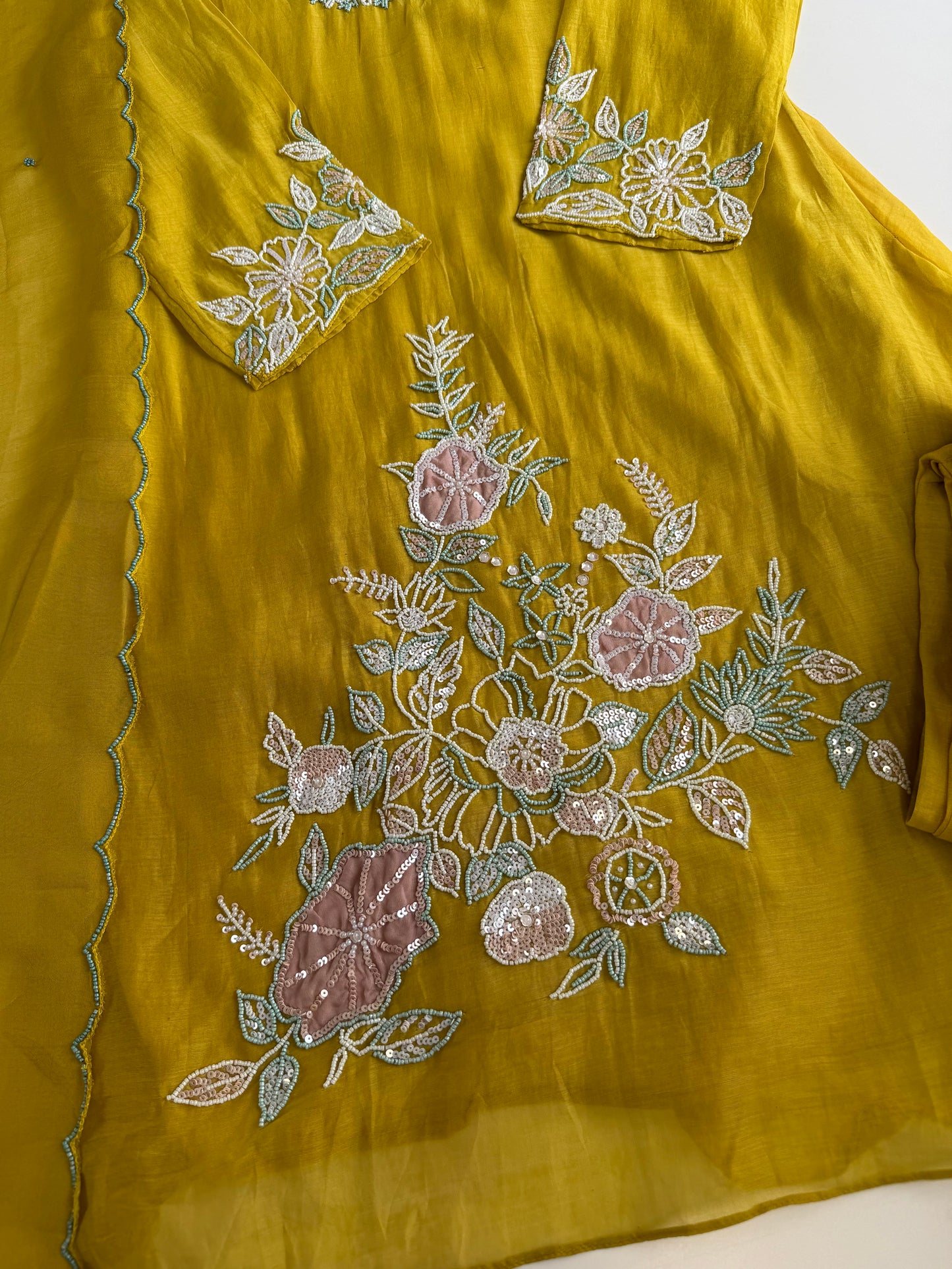 K466 - Mul chanderi handwork short Kurti with palazzo and dupatta