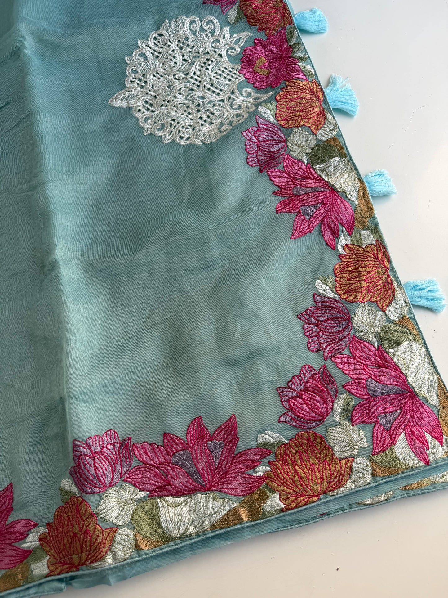 S020 - Soft organza appliqué embroidered saree in 3 colours