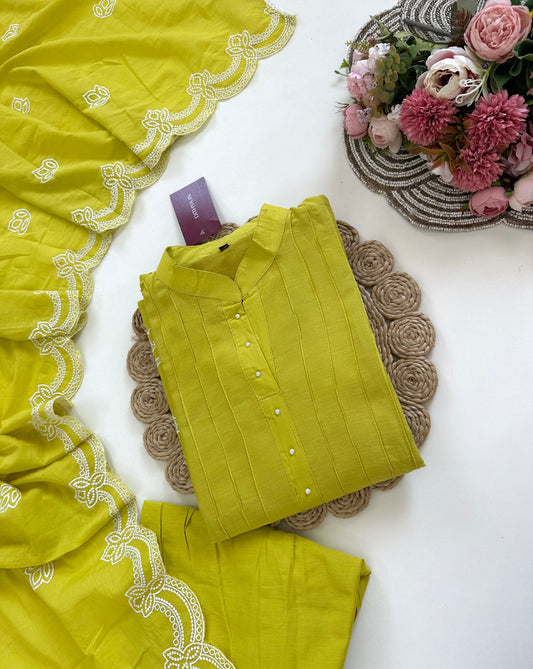 K089 - Mulmul cotton embroidered Anarkali with pants and dupatta in 2 colours