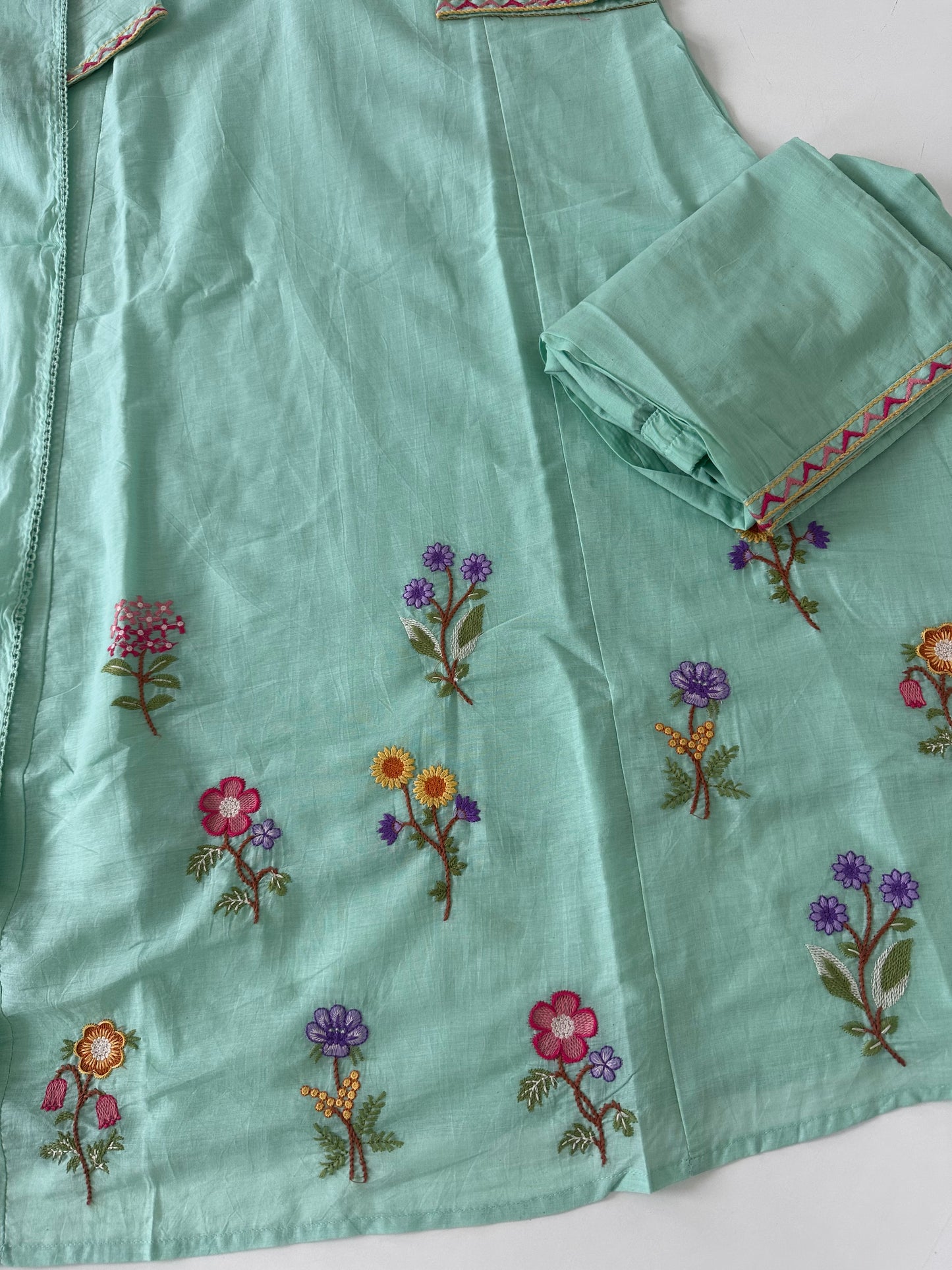 K580 - Mul cotton embroidered Aline Kurti with pants and dupatta