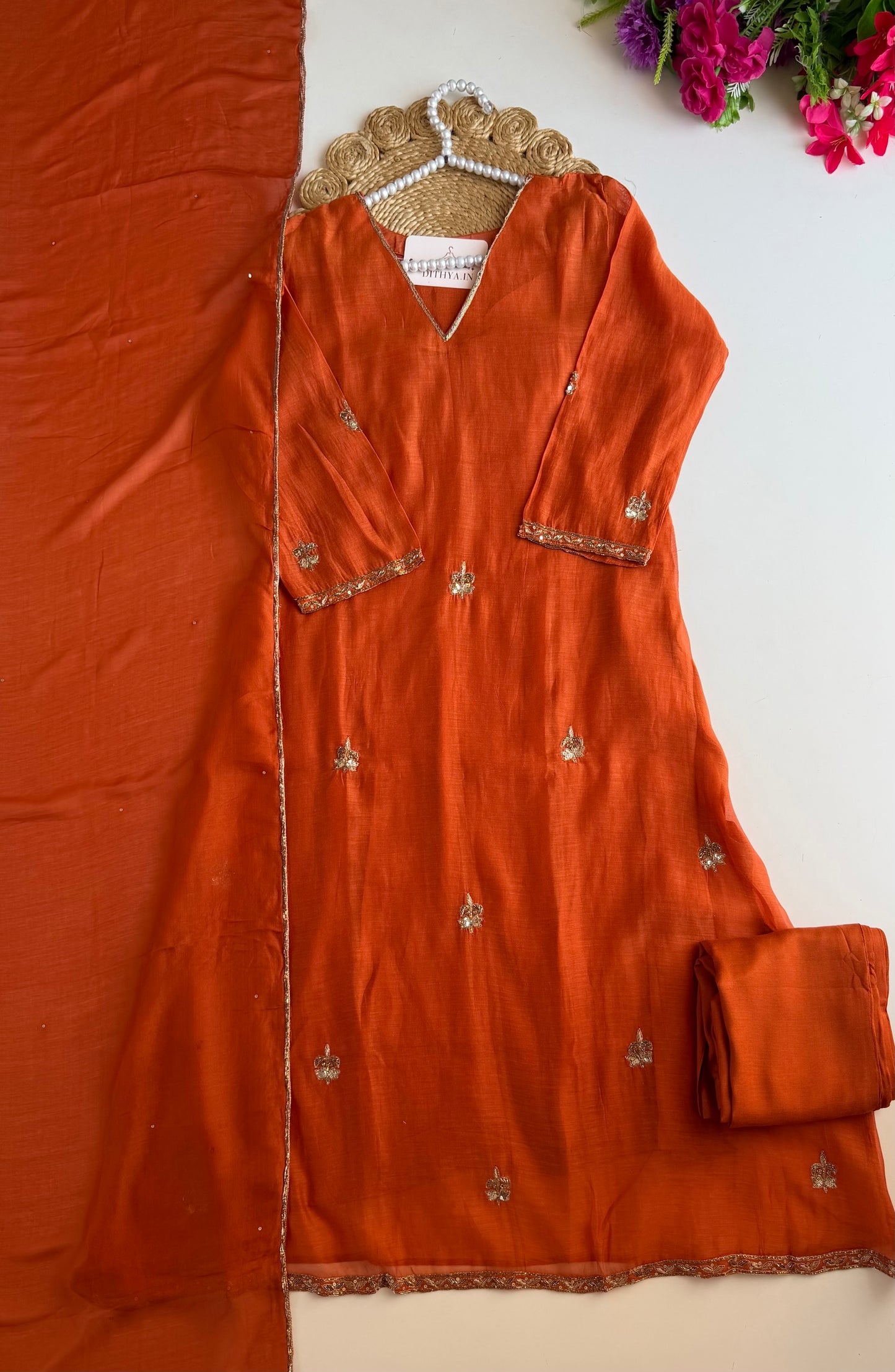 K260 - Mul chanderi handwork Aline Kurti with pants and dupatta