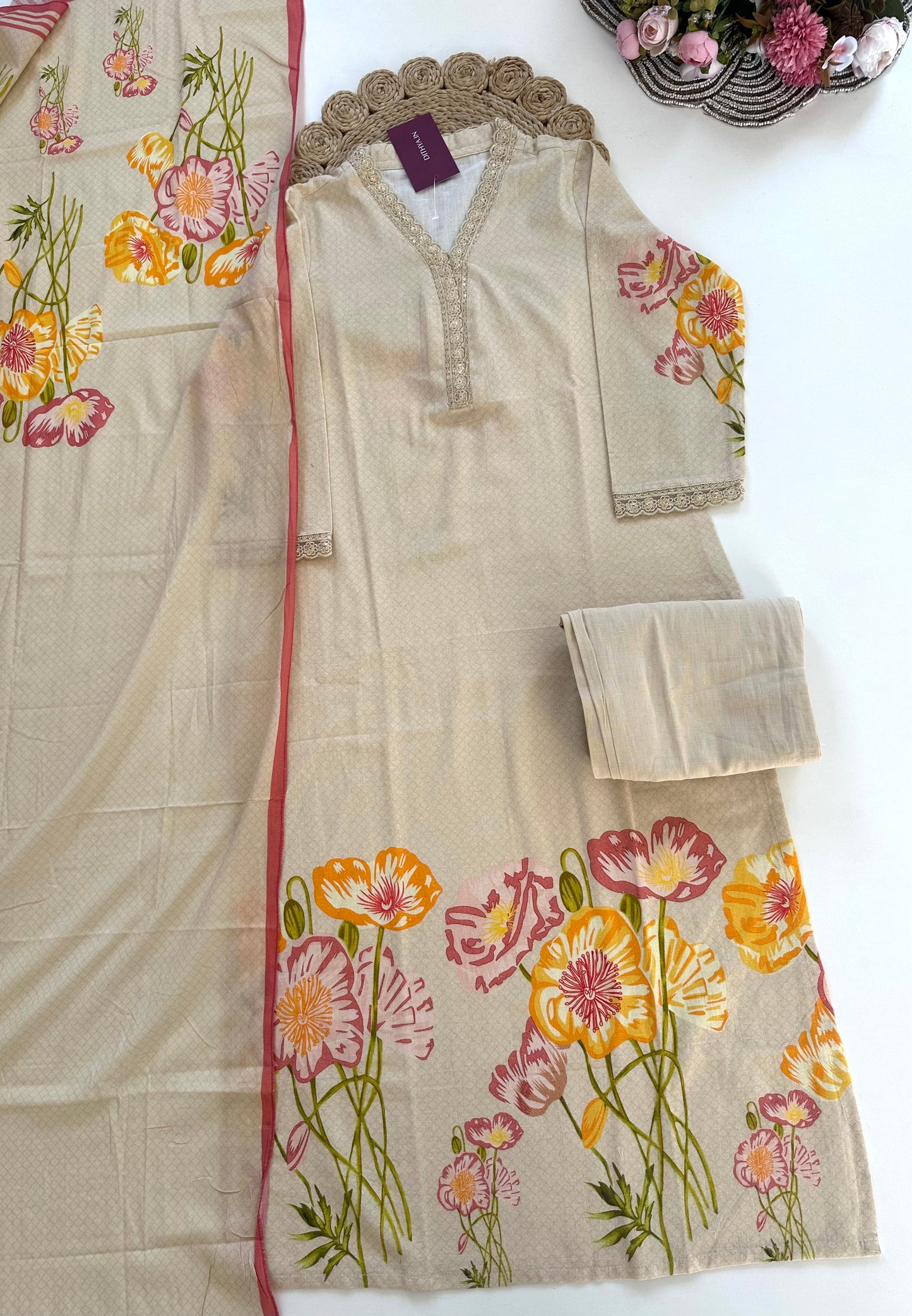 K374 - Muslin cotton straight Kurti with pants and dupatta