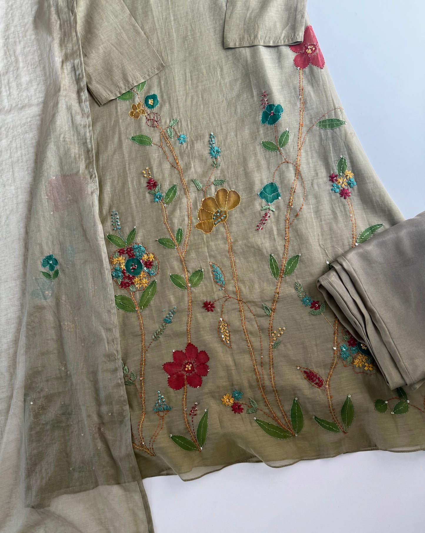 K496 - Mul chanderi appliqué work aline Kurti with pants and dupatta