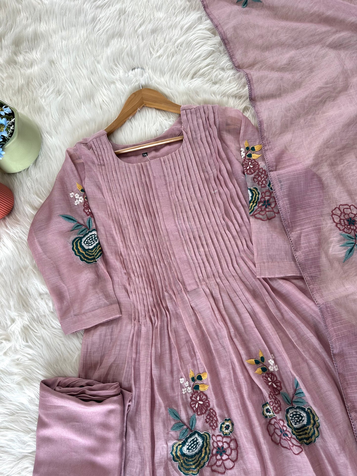 K294 - Mul Chanderi Appliqué work Aline Kurti with pants and dupatta in 2 colours