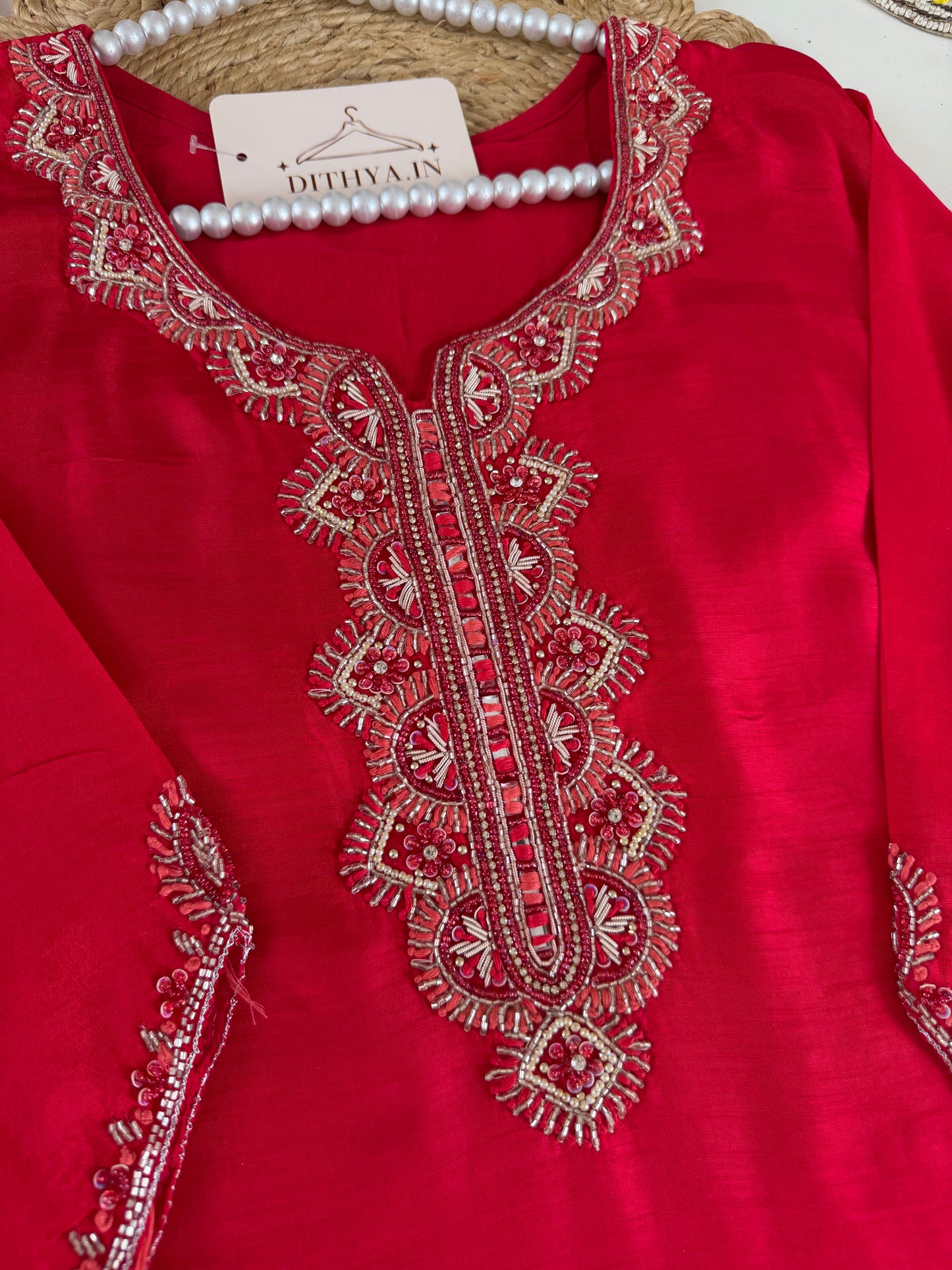 K641 - Dola silk Handwork straight Kurti with pants and dupatta