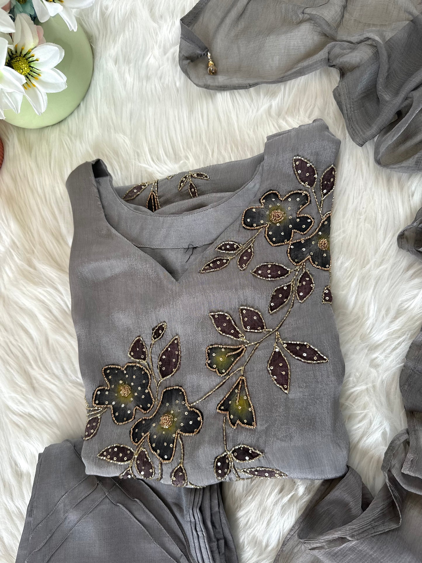 K380 - Chinnon handwork Aline Kurti with pants and chiffon dupatta